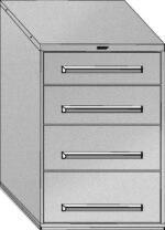 A grayscale illustration of a four-drawer filing cabinet with sleek, horizontal handles. The cabinet has a simple, modern design with a slightly slanted top.