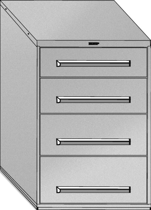 A grayscale illustration of a four-drawer filing cabinet with sleek, horizontal handles. The cabinet has a simple, modern design with a slightly slanted top.