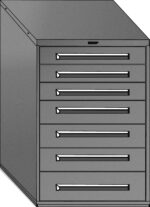 A gray metal filing cabinet with six drawers, featuring silver handles. The cabinet has a plain design and is viewed from a slight angle, showing the side and front.