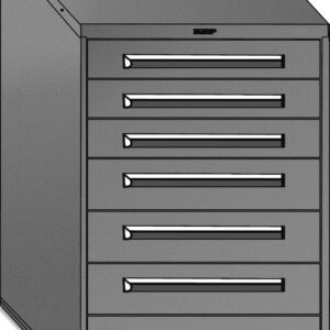 A gray metal filing cabinet with six drawers, featuring silver handles. The cabinet has a plain design and is viewed from a slight angle, showing the side and front.