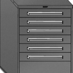 Image of a gray metal storage cabinet with six drawers. Each drawer has a long, horizontal handle. The cabinet is designed with a sleek, modern appearance, and the drawers are evenly spaced vertically.