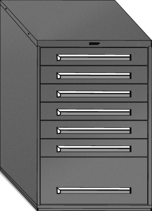 Image of a gray metal storage cabinet with six drawers. Each drawer has a long, horizontal handle. The cabinet is designed with a sleek, modern appearance, and the drawers are evenly spaced vertically.