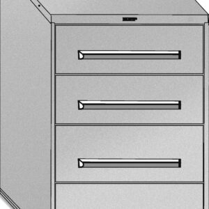 Illustration of a four-drawer filing cabinet with a metallic finish. The cabinet is shown from an angle, highlighting the horizontal handles and a lock above the top drawer.