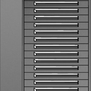 Illustration of a tall, rectangular metal cabinet with multiple horizontal drawers, each featuring a sleek handle. The cabinet is slightly angled, showing depth and a smooth, modern design.