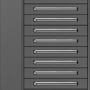 Illustration of a tall, gray metal cabinet with twelve horizontal drawers. Each drawer has a sleek handle, arranged in a vertical stack. The cabinet has a simple, industrial design with clean lines and a smooth finish.