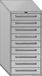 Illustration of a gray, metal filing cabinet with eight drawers featuring sleek, horizontal handles. The cabinet has a slanted top and is shown from a slightly angled perspective.