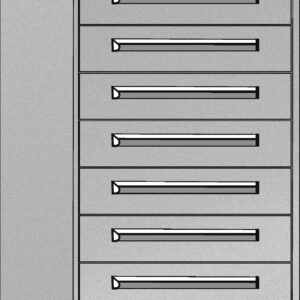 Illustration of a gray, metal filing cabinet with eight drawers featuring sleek, horizontal handles. The cabinet has a slanted top and is shown from a slightly angled perspective.