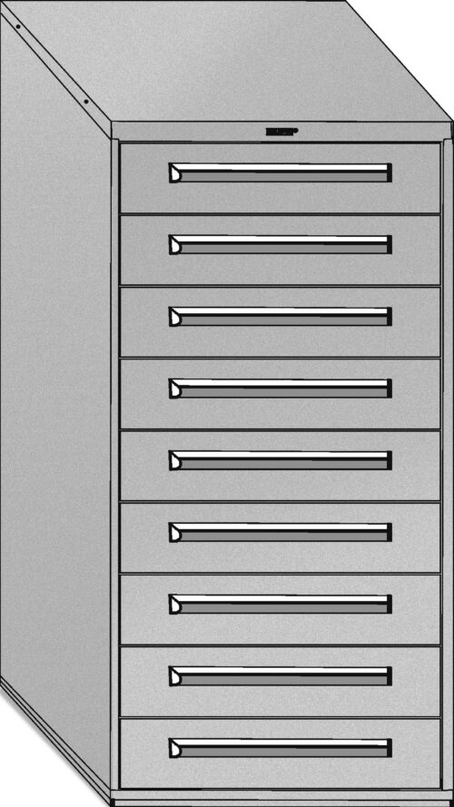 Illustration of a gray, metal filing cabinet with eight drawers featuring sleek, horizontal handles. The cabinet has a slanted top and is shown from a slightly angled perspective.