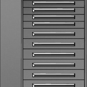 A tall, gray metal filing cabinet with multiple drawers. Each drawer is equipped with a handle for easy access. The cabinet is angled to show its depth and structure.