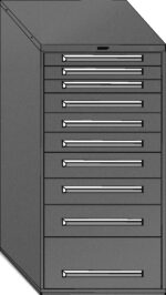 Illustration of a gray metal filing cabinet with ten drawers. The drawers have horizontal handles and are evenly stacked, with a slanted top surface.
