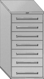 Illustration of a tall, gray filing cabinet with seven drawers. The cabinet features sleek, horizontal handles on each drawer, and its minimalist design has a slightly tilted top surface.