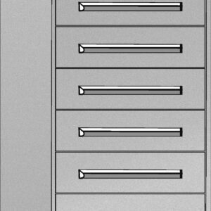 Illustration of a tall, gray filing cabinet with seven drawers. The cabinet features sleek, horizontal handles on each drawer, and its minimalist design has a slightly tilted top surface.
