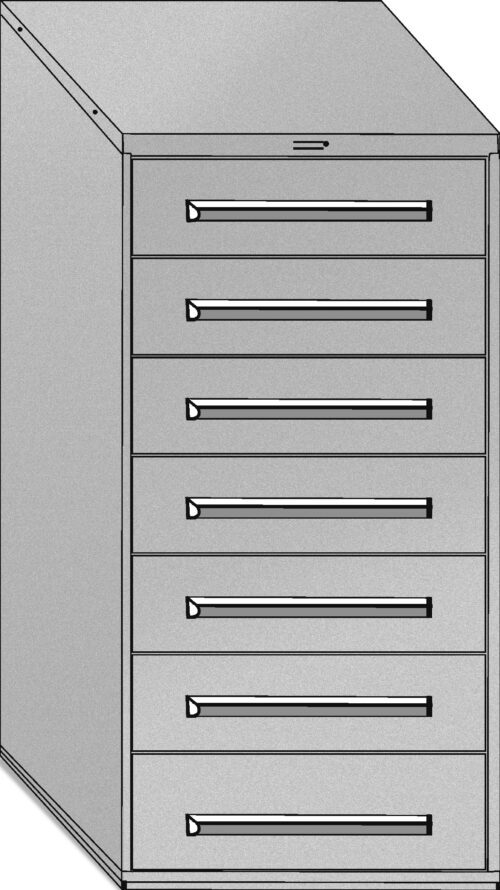 Illustration of a tall, gray filing cabinet with seven drawers. The cabinet features sleek, horizontal handles on each drawer, and its minimalist design has a slightly tilted top surface.