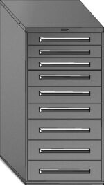 Illustration of a tall, gray metal cabinet with ten drawers, each featuring a sleek handle. The cabinet has a rectangular shape and appears sturdy, likely used for organizing and storing items efficiently.