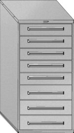 Illustration of a gray, metal filing cabinet with seven drawers. The cabinet is slightly slanted at the top and features sleek, horizontal handles on each drawer, giving it a modern, industrial appearance.