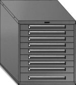 Illustration of a gray, angled storage cabinet with eight horizontal drawers. The cabinet has a plain, minimalist design and is viewed from a slightly elevated angle.