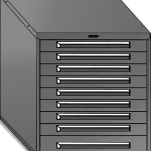 Illustration of a gray, angled storage cabinet with eight horizontal drawers. The cabinet has a plain, minimalist design and is viewed from a slightly elevated angle.