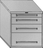 A grayscale illustration of a metal filing cabinet with three drawers and a slanted top surface. The cabinet features long handles on each drawer.