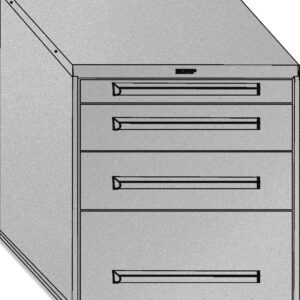 A grayscale illustration of a metal filing cabinet with three drawers and a slanted top surface. The cabinet features long handles on each drawer.