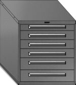 A digital illustration of a metal filing cabinet with five closed drawers and a slanted top surface. The cabinet is in a simple, gray color, with horizontal handles on each drawer.