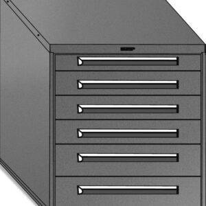 A digital illustration of a metal filing cabinet with five closed drawers and a slanted top surface. The cabinet is in a simple, gray color, with horizontal handles on each drawer.