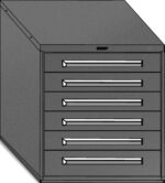 Illustration of a gray metal cabinet with five horizontal drawers, each featuring a handle. The cabinet is shown from an angle, highlighting its depth and structure.