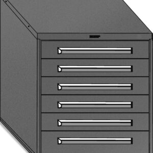 Illustration of a gray metal cabinet with five horizontal drawers, each featuring a handle. The cabinet is shown from an angle, highlighting its depth and structure.