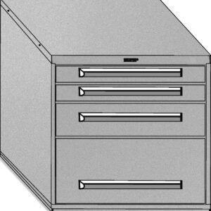 A black and white illustration of a filing cabinet with four horizontal drawers of varying sizes. The top three drawers are smaller, while the bottom drawer is larger. The cabinet has a flat top and a minimalist design.