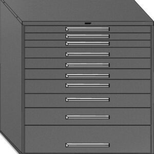 A gray, multi-drawer filing cabinet is shown. It has ten horizontal drawers stacked vertically, each with a sleek metallic handle. The cabinet appears to be designed for organizing documents or files.
