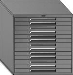 Illustration of a large, gray, metal filing cabinet with multiple horizontal drawers. Each drawer has a handle, and the cabinet is angled to show its depth and design.