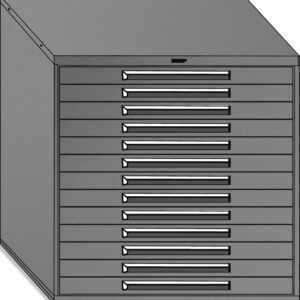 Illustration of a large, gray, metal filing cabinet with multiple horizontal drawers. Each drawer has a handle, and the cabinet is angled to show its depth and design.