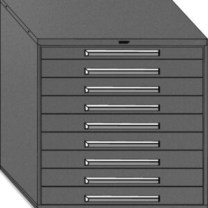 A dark gray metal cabinet with ten horizontal drawers, each featuring a slim silver handle. The cabinet has a slanted top and appears designed for storing flat items like blueprints or artwork.