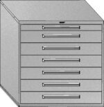 A black and white illustration of a storage cabinet with seven horizontal drawers, each featuring a handle. The top drawer is slightly smaller. The cabinet has a slanted top.