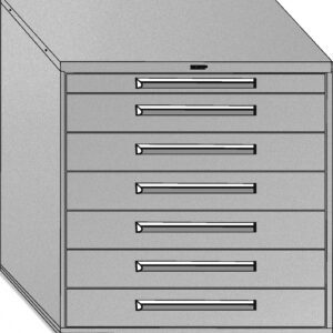 A black and white illustration of a storage cabinet with seven horizontal drawers, each featuring a handle. The top drawer is slightly smaller. The cabinet has a slanted top.