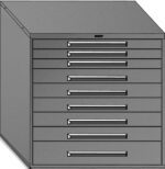 Illustration of a gray, metal filing cabinet with ten drawers, each featuring a horizontal handle. The cabinet has a sloped top and is designed for storing documents or tools.