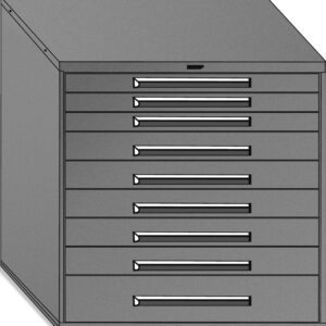 Illustration of a gray, metal filing cabinet with ten drawers, each featuring a horizontal handle. The cabinet has a sloped top and is designed for storing documents or tools.