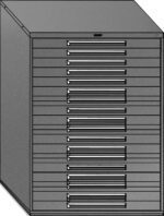Illustration of a gray metal cabinet with 15 horizontal drawers, each with a small rectangular handle. The cabinet has a smooth flat top and is depicted from a slightly angled perspective.