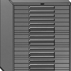 Illustration of a gray metal cabinet with 15 horizontal drawers, each with a small rectangular handle. The cabinet has a smooth flat top and is depicted from a slightly angled perspective.