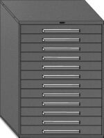 Illustration of a gray, metal filing cabinet with 16 closed drawers, each featuring a horizontal handle. The cabinet has a rectangular shape and a flat top, suitable for organization or storage.
