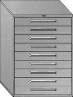 A gray, metal filing cabinet with ten horizontal drawers stacked vertically. Each drawer has a rectangular handle. The cabinet has a slightly angled top surface.