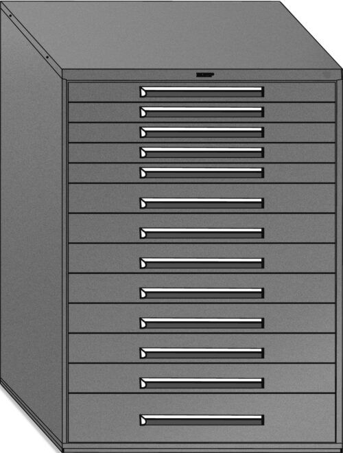 004483.jpg Flat file cabinet with multiple horizontal drawers, designed for storing large documents or artwork. Its made of metal and has a simple, utilitarian design with sleek handles on each drawer.
