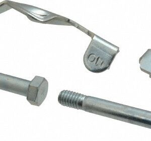 Two metal bolts with hexagonal heads, a hex nut, a flat metal piece labeled ON and OFF, and a small, irregularly shaped metal piece with a central hole are arranged on a white background.