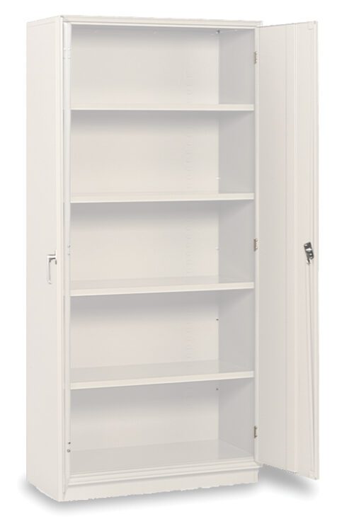 This white metal Hallowell cabinet features four shelves, a sleek handle, and a tall design perfect for storage. With one open door slightly ajar, it reveals a spacious interior ready to organize your essentials efficiently.