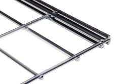 Close-up of a metal framework with parallel bars, intersecting at right angles. The shiny metallic structure is isolated against a white background, showcasing its minimalist and engineered design.