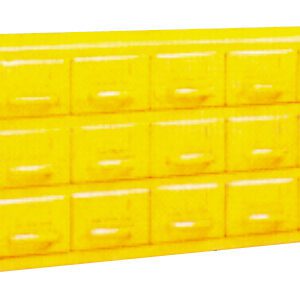 A yellow cabinet with two rows and a total of fourteen small square drawers, each with a handle. The cabinet has a glossy finish and is isolated on a white background.