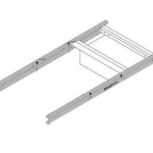 Diagram of a metal frame with two parallel beams connected by crossbars. The frame is rectangular with several bolt holes along the beams. The brand Schroff is labeled on one of the beams.