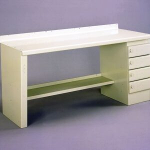 A light-colored metal workbench, perfect for a process research lab, features a flat top, backing lip, and storage unit with four drawers on the right. Its lower shelf and sleek design make it ideal for comprehensive lab renovation services.