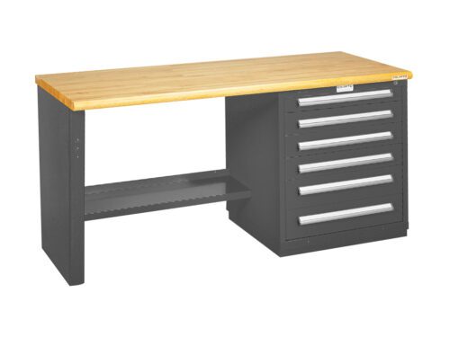 2576-5W20-20Office20Gray.jpg A workbench with a wooden top, ideal for distillery laboratory design, featuring six metal drawers on the right and an open shelf on the left. The dark gray metal base ensures a supportive structure and ample storage, perfect for quality control in distilleries.