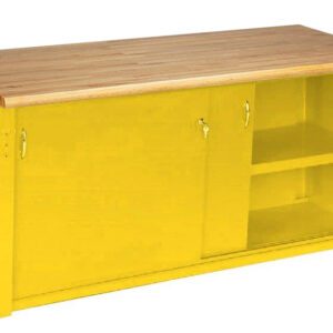 A yellow storage cabinet with a wooden top. It features two sliding doors; one is partially open, revealing shelves inside. The cabinet has metal handles and a smooth finish.