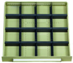 Empty beige drawer organizer with adjustable black dividers, forming a grid of rectangular sections. Viewed from above.